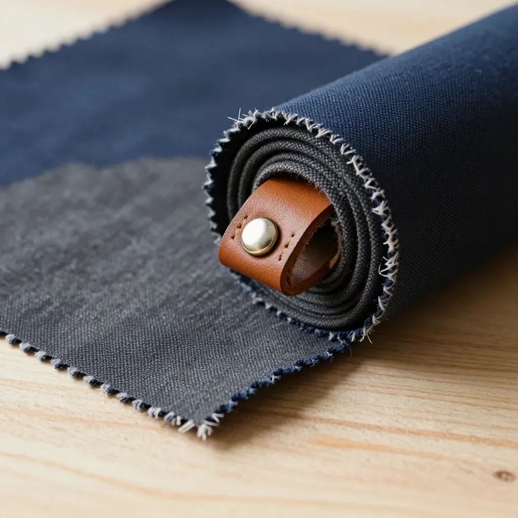 Macro of navy canvas swatches, stitched leather loop, and zinc fastener on pale wood