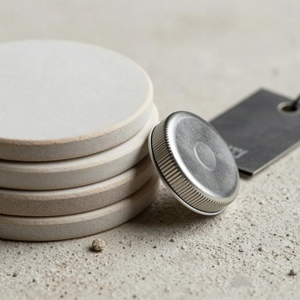 Ceramic sample discs, aluminum vial cap, and graphite tag on pale concrete in macro detail.