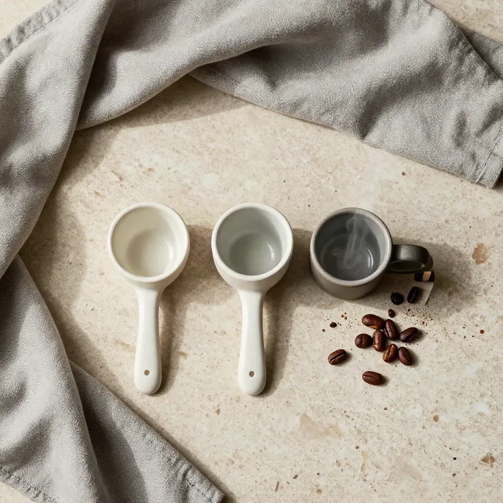 Top-down coffee cupping flatlay with ceramic spoons, bean sample cups, and oyster-grey linen on travertine.