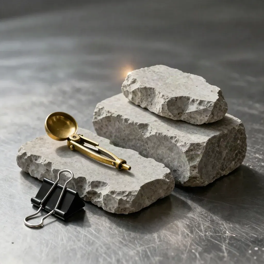 Stone offcuts with brass compass and binder clip on brushed metal