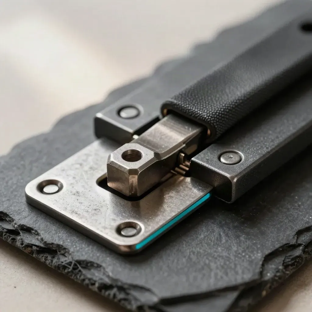 Macro still life of forged hinge plates, steel connector and clamp on dark slate with cyan light