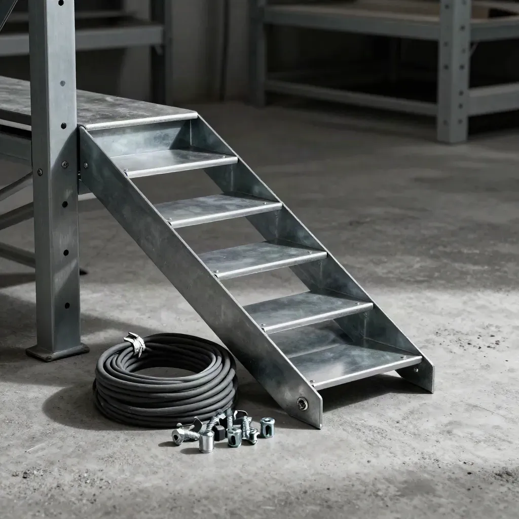 Shelving brackets, cable wraps, and fasteners on pale concrete in a dramatic industrial still life.