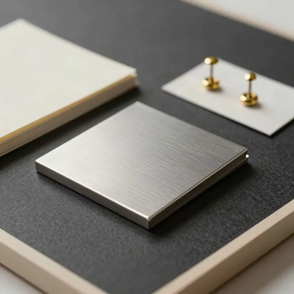 Matte aluminum task tile, brass push pins, and blank index cards on graphite felt.