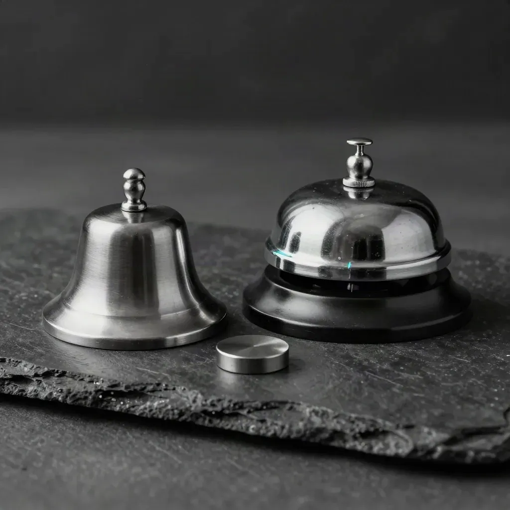 Mechanical timer, desk bell, and steel puck on dark stone in dramatic studio light.