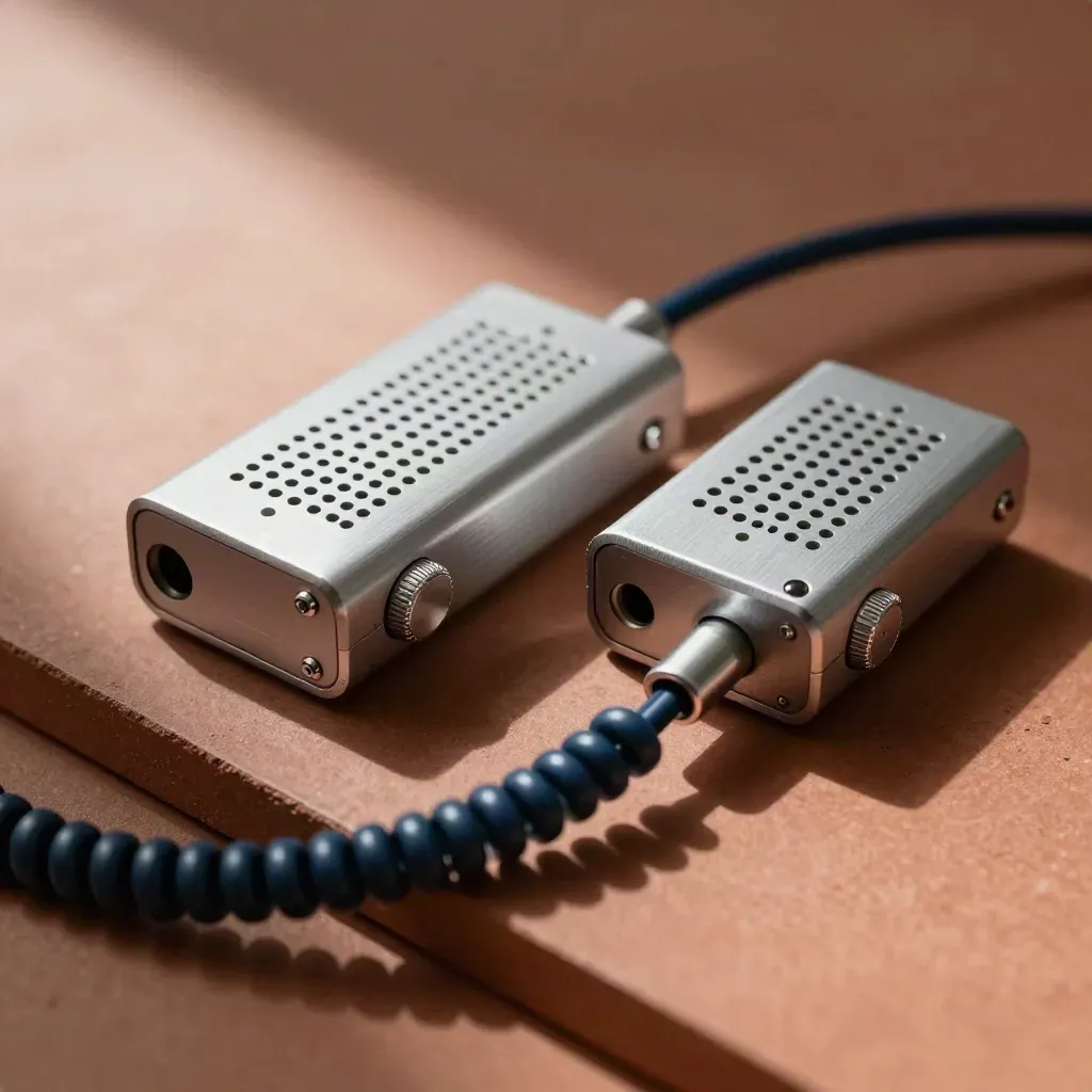 Macro of two brushed-aluminum intercoms linked by a coiled cord on a terracotta slab.