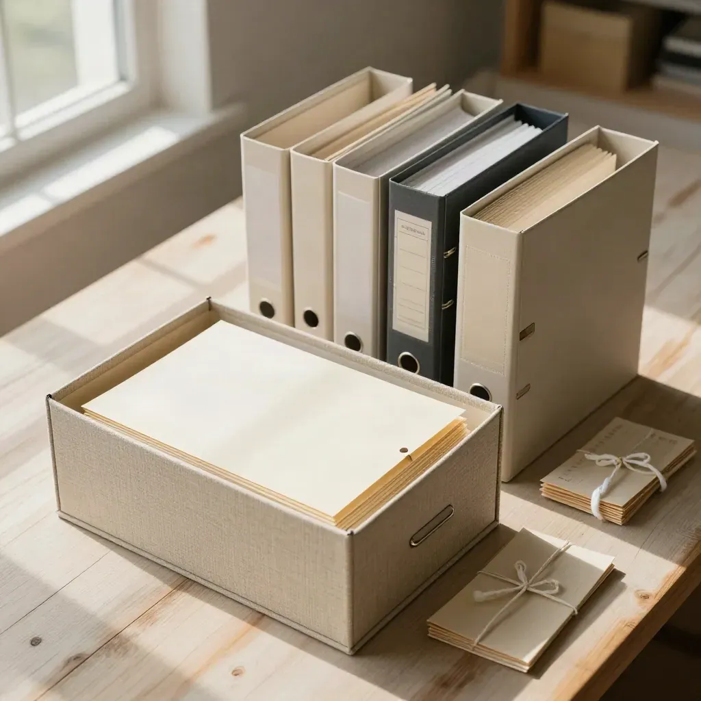 Top-down view of archive boxes, linen folder, and binders on pale wood
