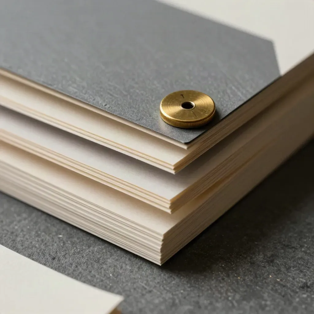 Macro of slate tabs, paper stack, and brass indicator disc on graphite stone.