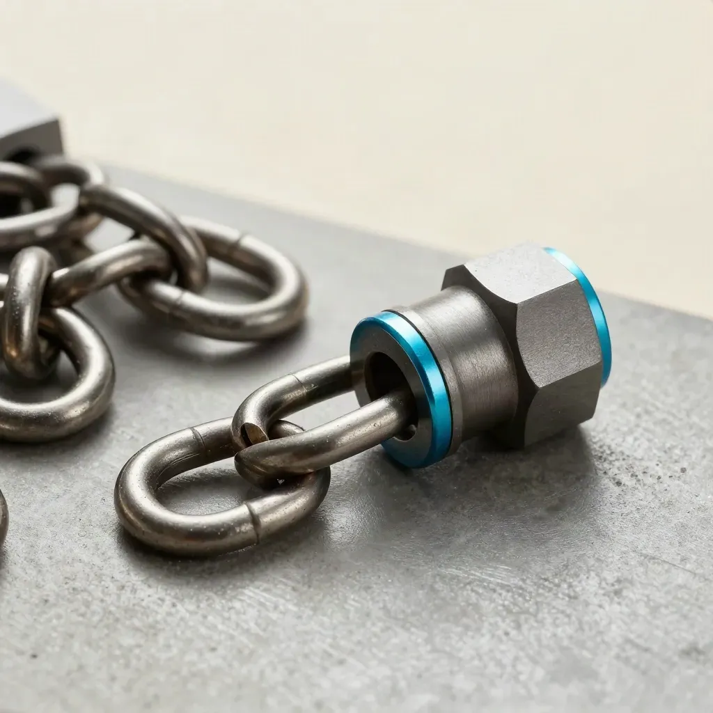 Interlocking metal connectors and modular blocks on brushed steel, lit dramatically