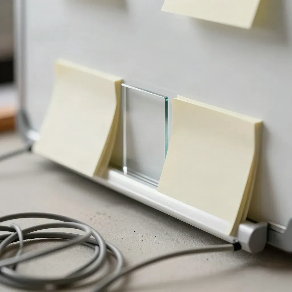 Macro of a sprint-planning rail with sticky notes, task cards, acrylic divider, and cable loops.