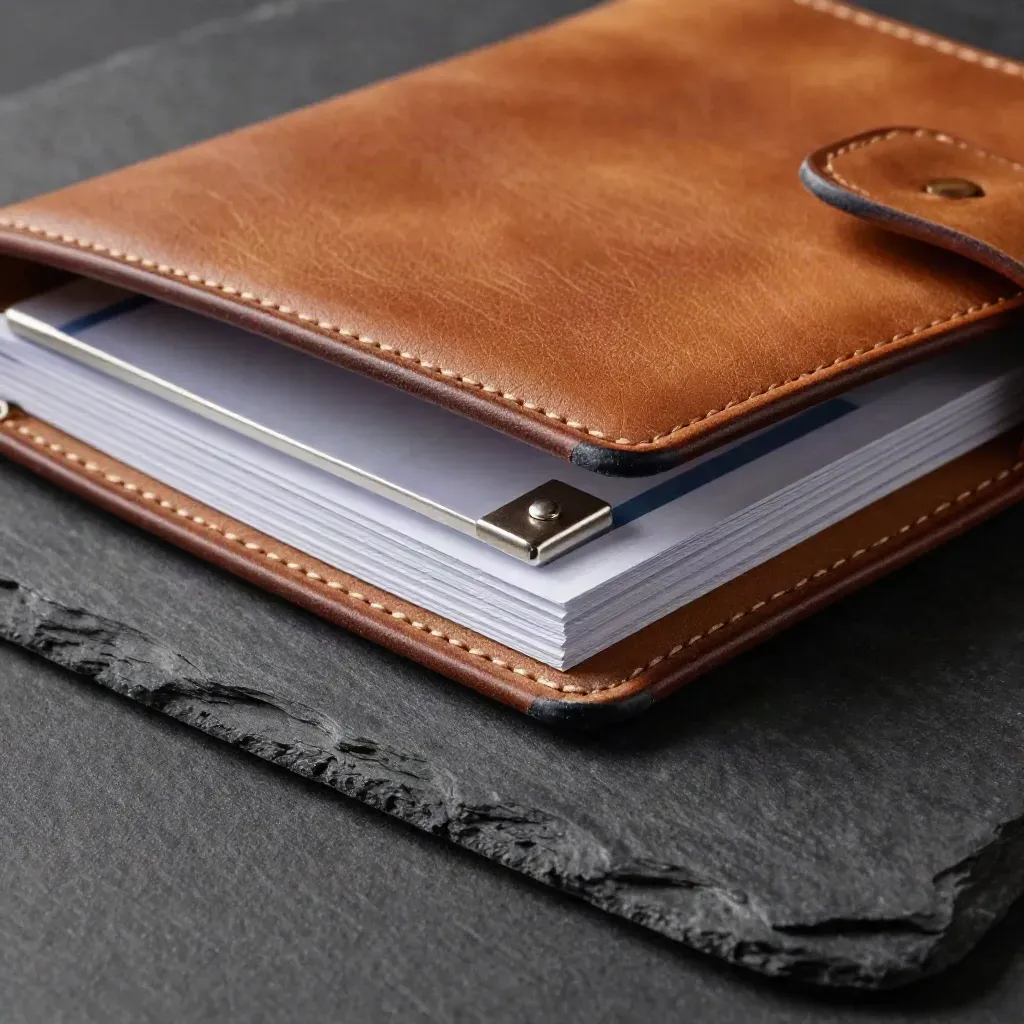 Leather portfolio folder with clips and sheet protector on slate, seen through a blurred folder spine.