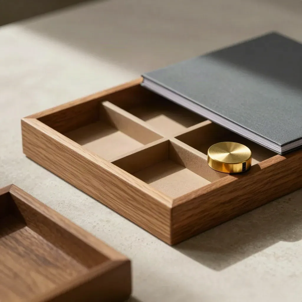 Wooden inbox tray with kraft dividers, brass paperweight, and slate ledger cover on pale stone.