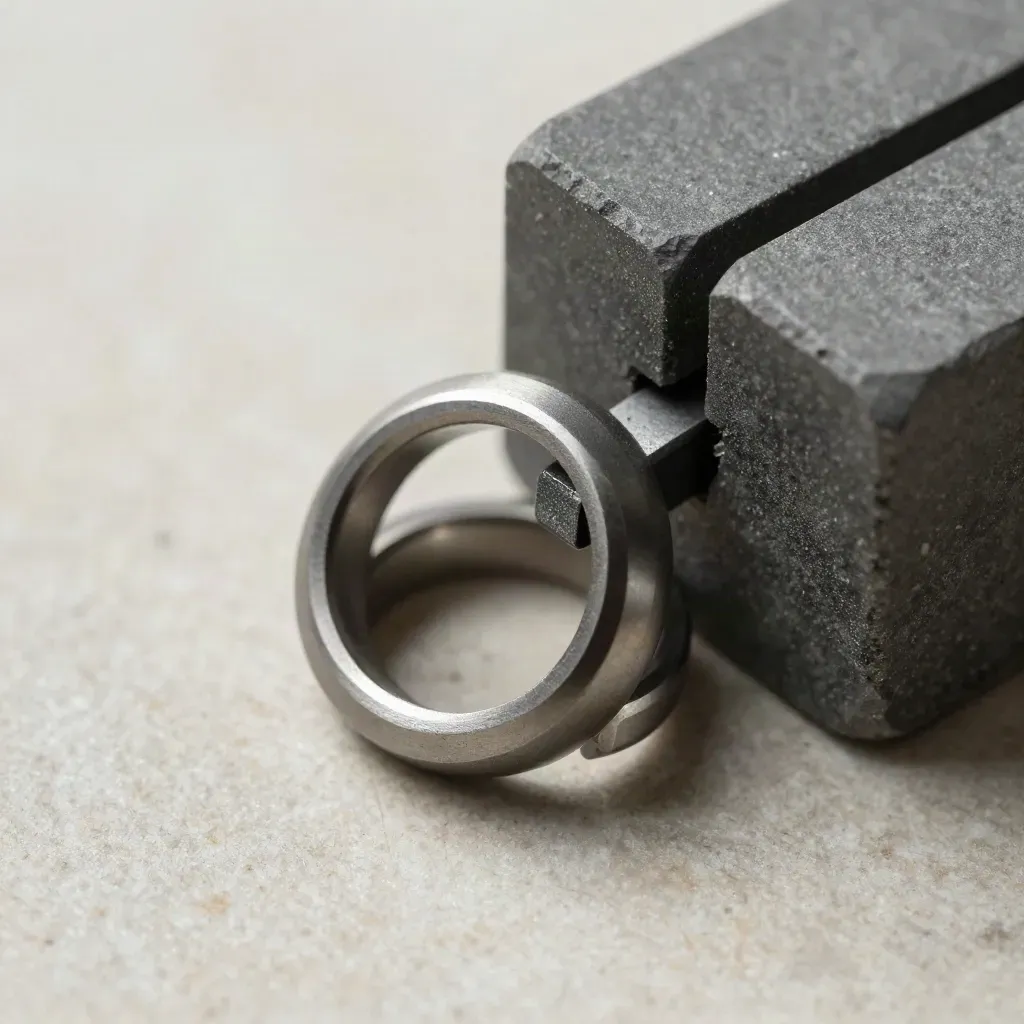Macromacro still life of graphite rings, connector bridge, and blocks on stone