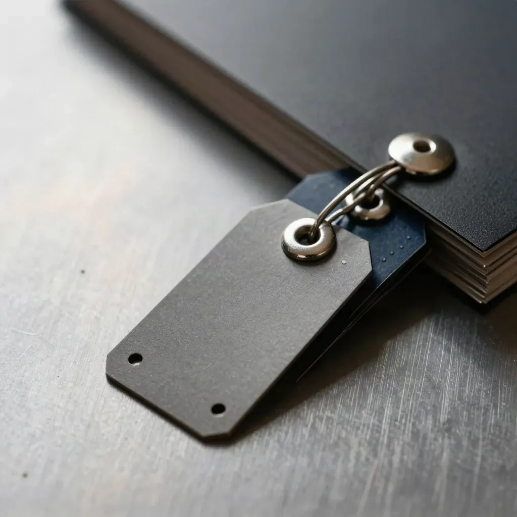 Graphite tags, steel fastener, and clipped folder edge on brushed metal