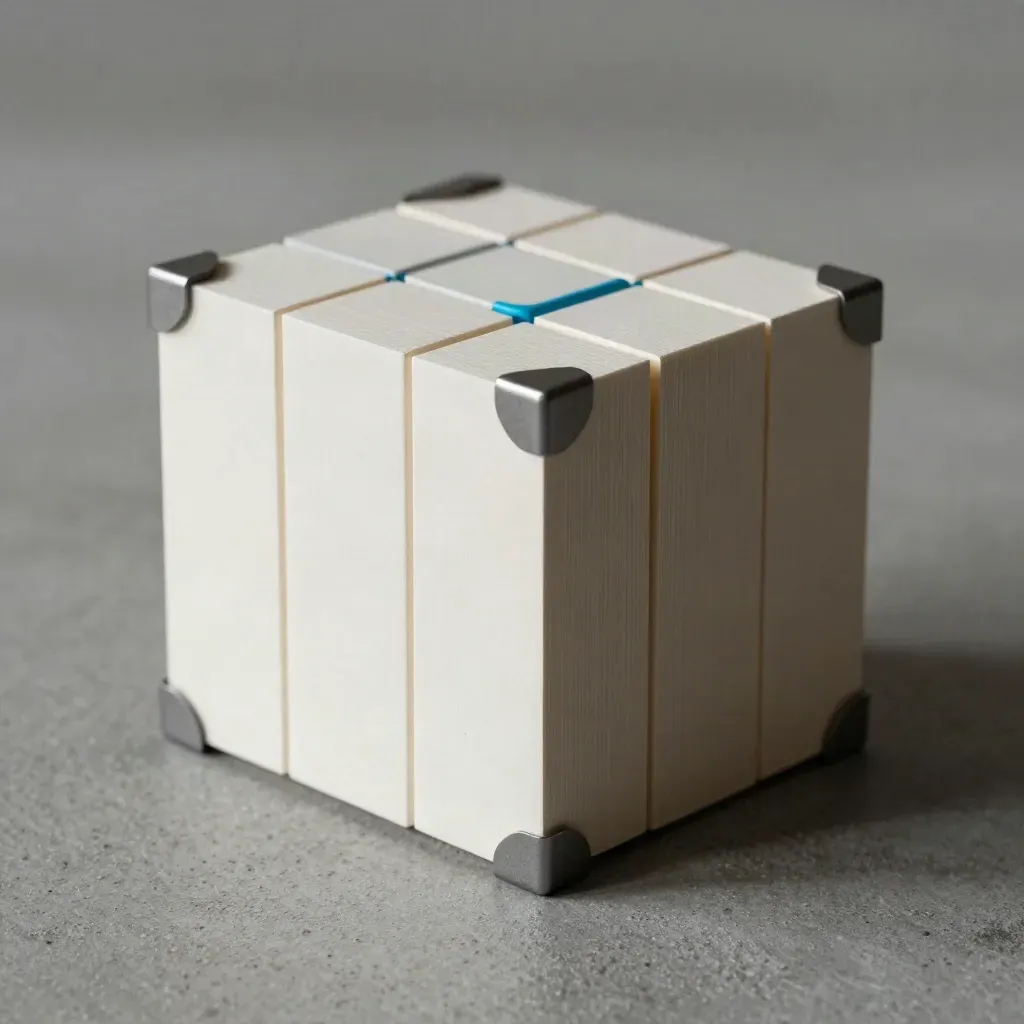 Top-down macro of modular paper blocks, a snap clamp, and a corner bracket on cool concrete.