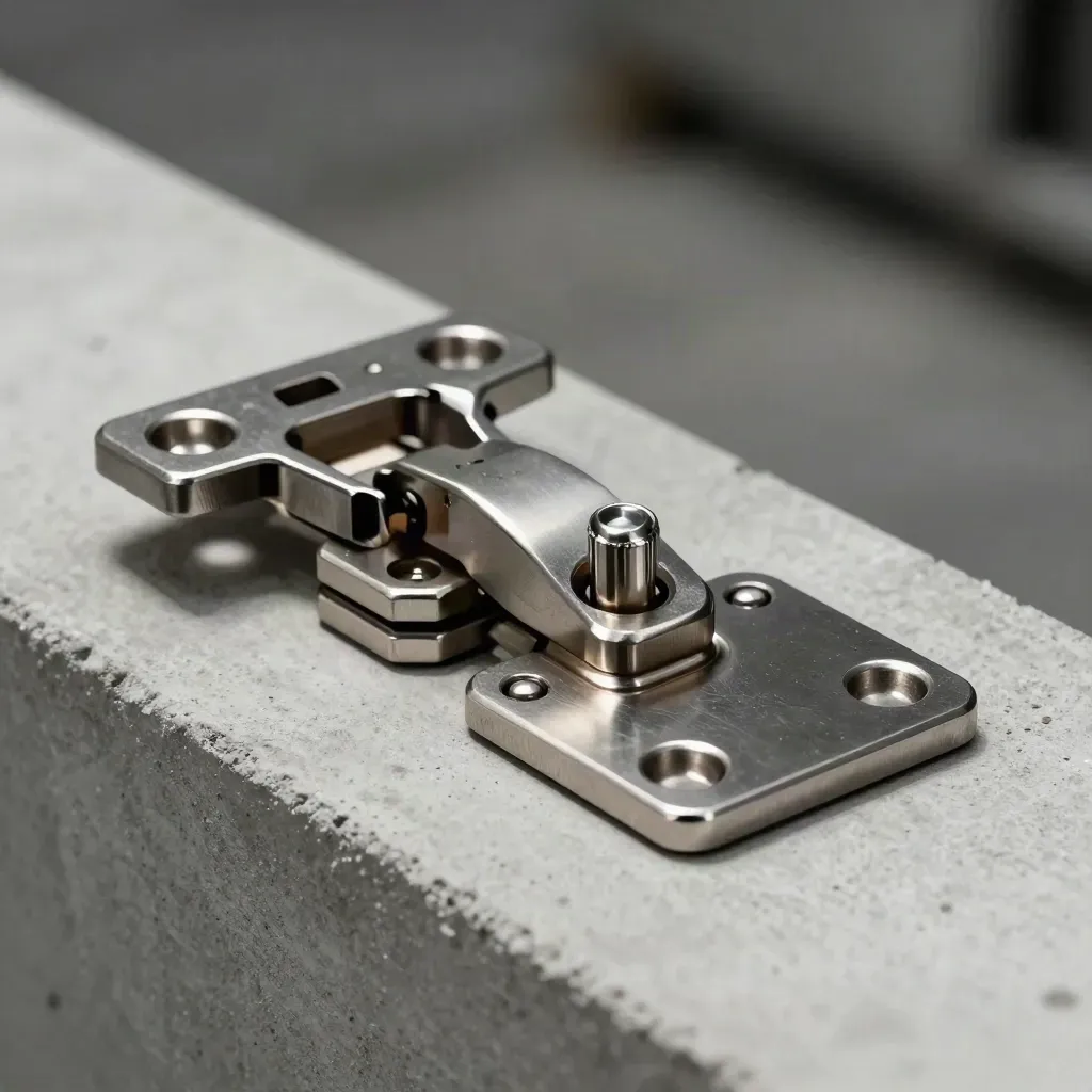 Opened metal hinge assembly with spacers and plate on pale concrete, dramatic studio light