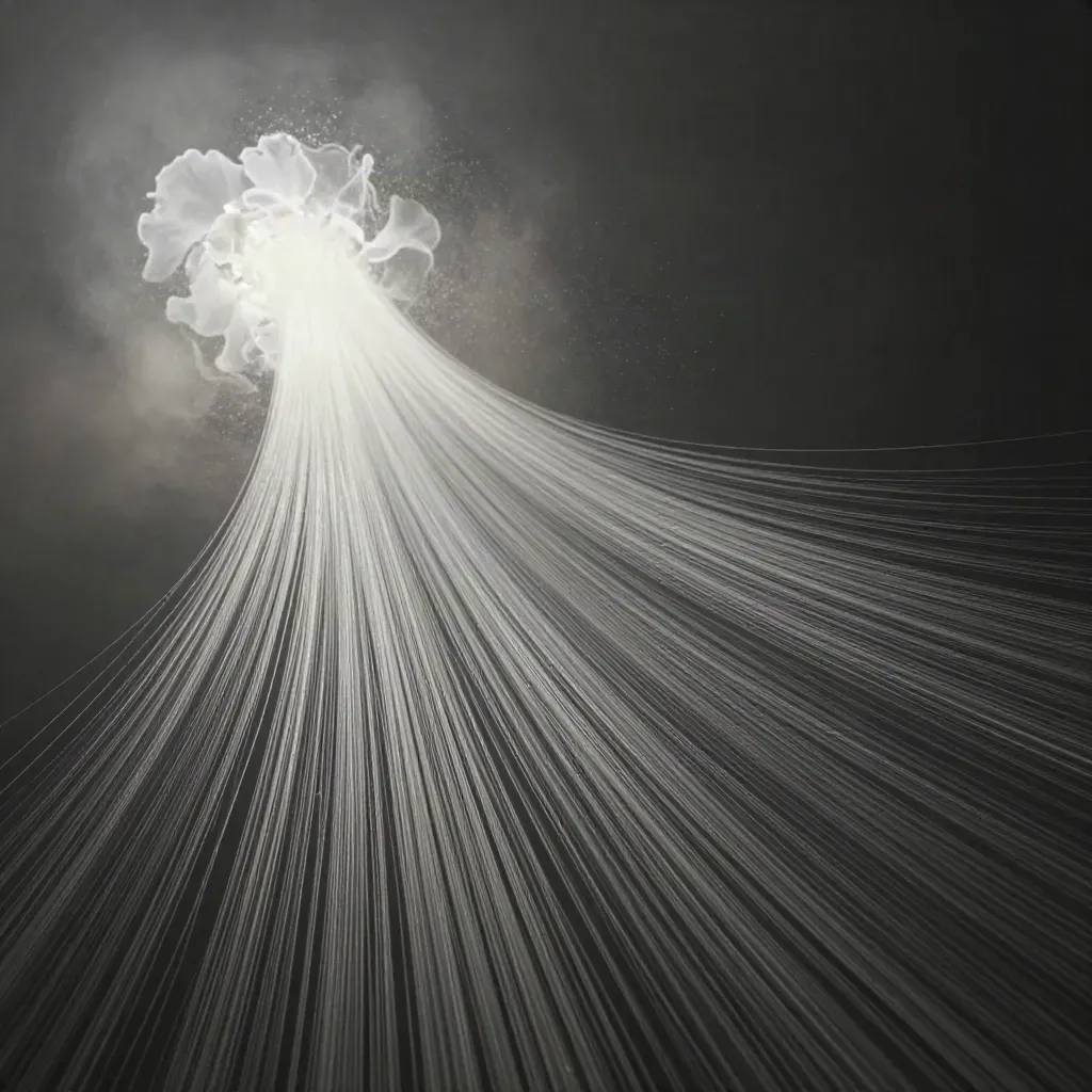 Abstract silver light filaments bloom in graphite haze with calm copy space.